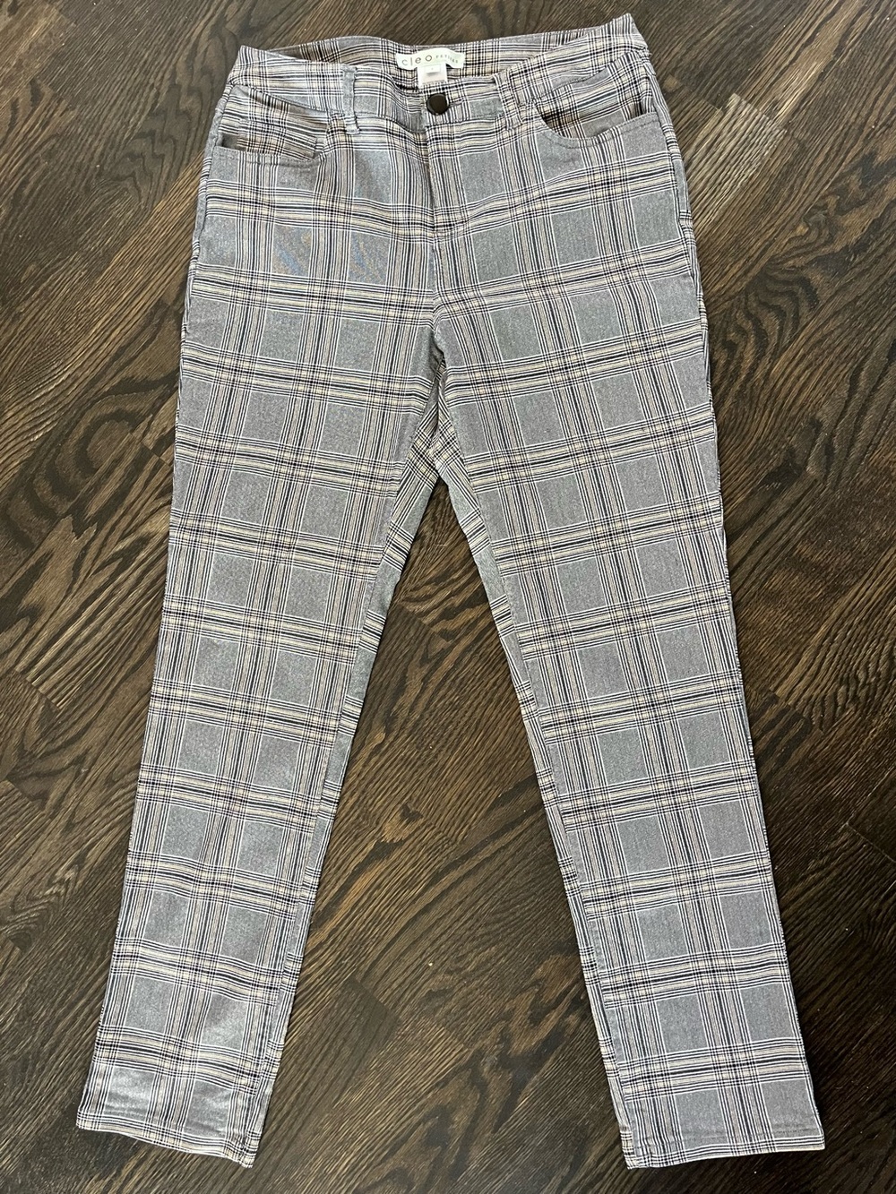 Cleo Gray Cream Plaid Slim Straight Stretch High Rise Pants Pockets Size 6P